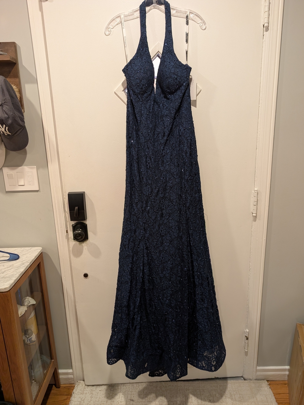 Navy Halter Lace Evening Gown